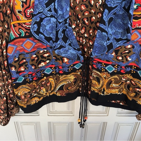 Vintage Boho Carol Little Jacket Multi-Print SzL Shoulder Pads Tie Front Crepe - Picture 2 of 8